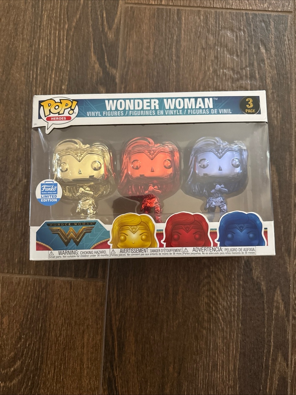 Funko Wonder Woman 3-Pack Metallic Gold Red Blue